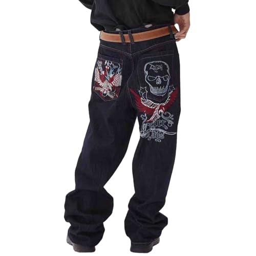 Ethbox Men's Hip-hop Retro Skull Embroidered Washed Denim Pants