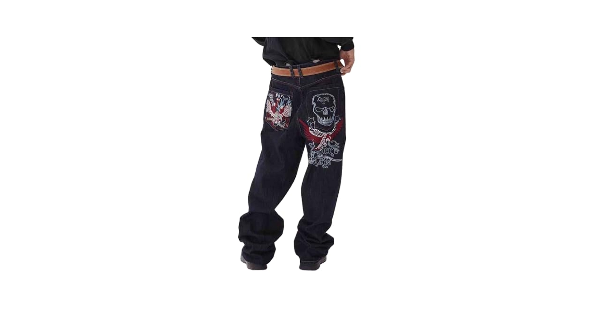 Ethbox Men's Hip-hop Retro Skull Embroidered Washed Denim