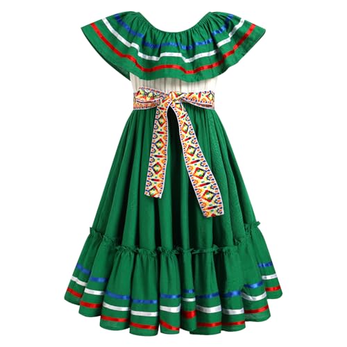 Mexican Dress for Girls Mexican Traditional Folk Ruffle Drape Dress with Belt Carnival Birthday Party Clothes3
