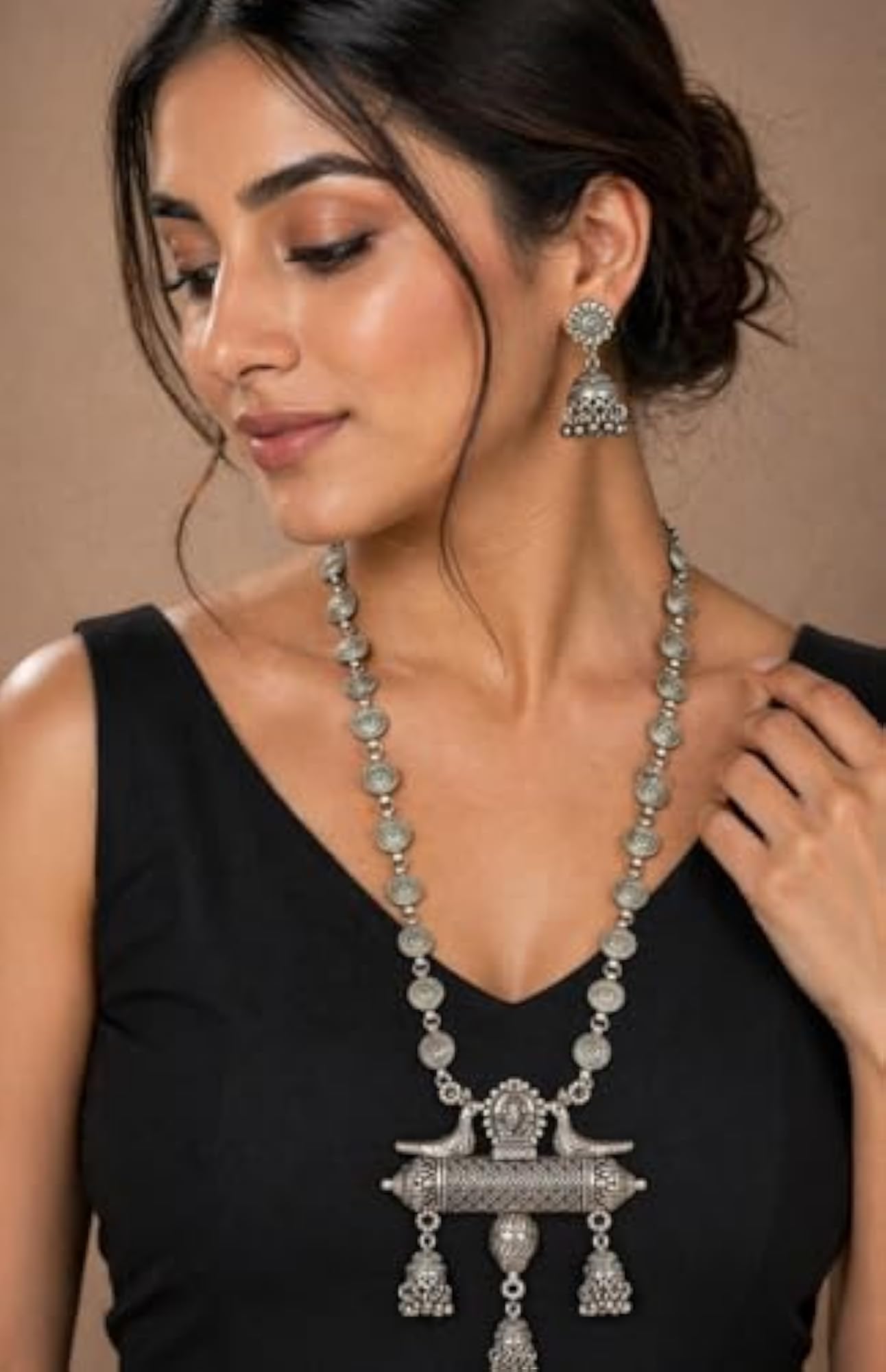 Oxidised Silver Long Necklace Set with Jhumka Earrings