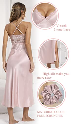 Alcea Rosea Womens Sleepwear Lace Lingerie Chemises V Neck Nightgown Sexy Long Sleep Dress Sleeveless Lace For Women Elegant (Pearl Pink, L) #TOP1