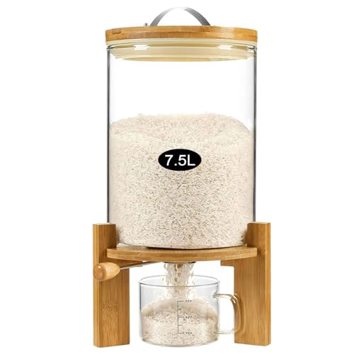 Rice Storage Container, Glass Rice Dispenser 7.5L, Cereal Dispenser Countertop for Kitchen and Pantry Organization, Rice and Grain Food Storge Container
