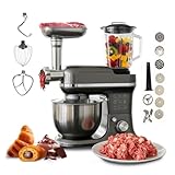 Avilia - Robot da Cucina Planetaria 1900W 5 in 1 con Tritacarne, Frullatore in Vetro 1,5L, Ciotola Acciaio Inox 6,5L, 6 Velocità e Funzione Pulse, Testa Inclinabile e 13 Accessori Completi