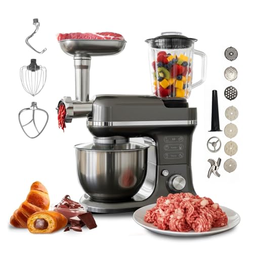 Avilia - Robot da Cucina Planetaria 1900W 5 in 1 con Tritacarne, Frullatore in Vetro 1,5L, Ciotola Acciaio Inox 6,5L, 6 Velocità e Funzione Pulse, Testa Inclinabile e 13 Accessori Completi