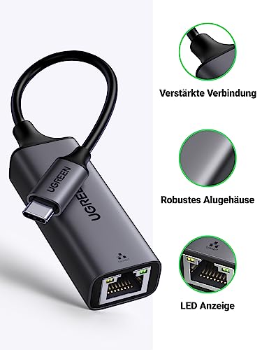 UGREEN USB C Ethernet Adapter 1000Mbps, Thunderbolt USB C LAN Adapter Netzwerkadapter Kompatibel mit iPhone 17, iPad Pro/Air, MacBook Pro/Air, Galaxy S25, Steam Deck (Schwarz-Type C)