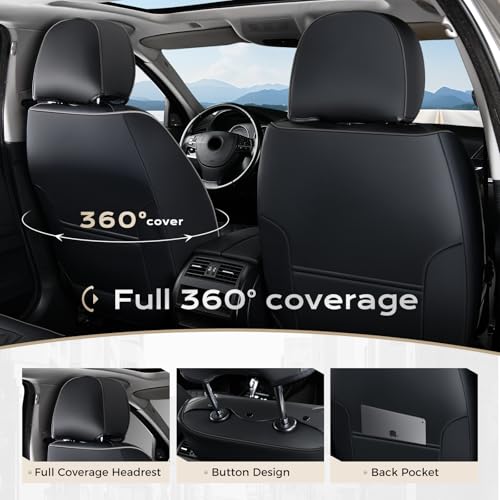 Image of Coverado Full Set Car Seat Covers, Black Leather Seat Protectors, Luxury Front & Back Car Seat Covers,Waterproof Universal Fit, Automotive Seat Covers for Most Cars-Black