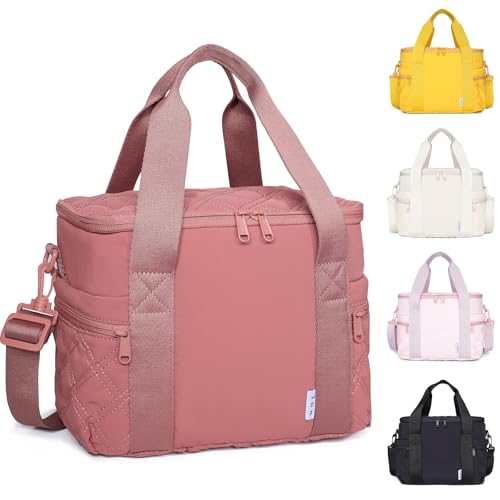 NOL Women's Nylon Lunch Cooler Cute Quilted Lunch Bag Large Leakproof Insulated Lunch Tote Bag for Work Picnic Travel,Dark Pink