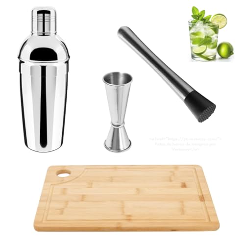 Conjunto Kit Caipirinha Completo Coqueteleira Inox 750ml, Socador, Dosador 24/50ml e Tábua de Bambu