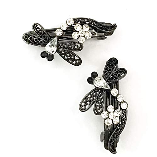 2 Pieces Set Dragonfly Clear Rhinestone With Antique Black Color Metal Clips