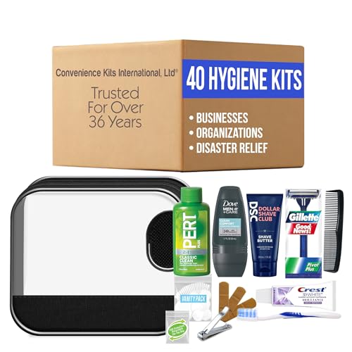 Convenience Kits International Men's 16-Piece Travel Skin Care and Body Care Kit with Shampoo, Body Wash, Lotion, Deodorant in Reusable Toiletry Bag, 40 Count Bulk Case