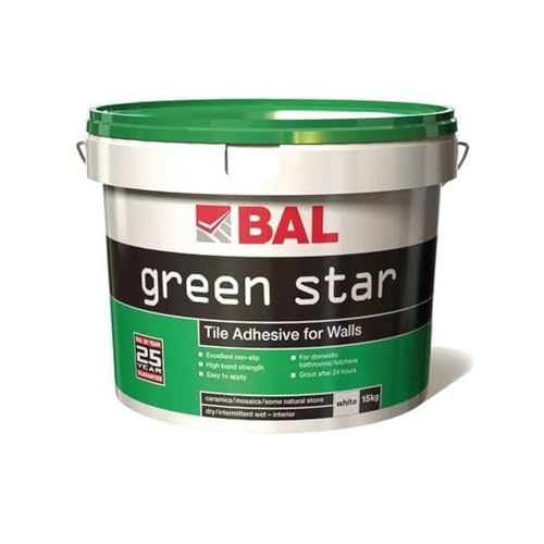 BAL Green Star Wall Tile Adhesive For Ceramic Mosaic Tiles, Non-Slip, Ready Mix Easy Apply – 15kg Tub