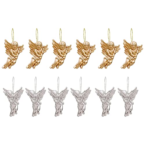 Décorations Suspensions Ange Sapin de Noël Ensemble de Pendentifs Décoration Petit Ange Pendentif Décoration d'arbre de Noël Pratique pour Sapin de Noël et Vitrine 12 Pièces (Or et Argent) Cover