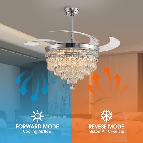 Kunywooe 48" Chandelier Ceiling Fan - Crystal Ceiling Fans with Lights, Retractable Fandelier with Remote and App Control, 3 Color Dimmable, Reversible DC Motor, for Bedroom, Living Room (Chrome) by Kunywooe - Used condition - Image 4