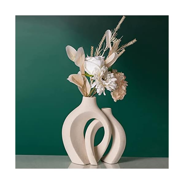 Levvohd White Hollow Ceramic Vase Set of 2, Round Modern Vase for Nordic Minimalist Book Style Shelf Decor, Donut Boho Aesthetic Vases for Trendy Home Living Room Entryway Coffee Table Decorative