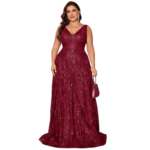 Image of Plus Size Formal Dresses for Women with Embroidery Sequin and V-Neck, A-Line Maxi Dress for Wedding and Cocktail