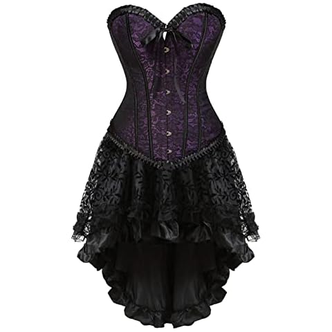 JISDFKFL Corset Dress Bustier Lingerie Corset Top and Steampunk Skirt Burlesque Costumes for Women Halloween High Low Dresses Purple Cover