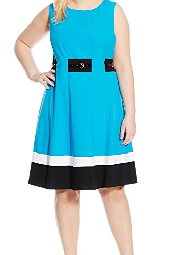 Calvin Klein Women's Plus-Size Fit-And-Flare Color-Block with Belted Waist