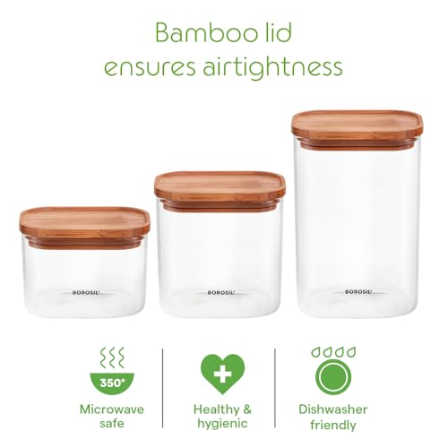 Image of Borosil 600ml Storage Jar Set with Bamboo Lid | Made in India Borosilicate Glass Dishwasher Safe Container for Kitchen | Multipurpose Kitchen Organizer for Cookie & Dals