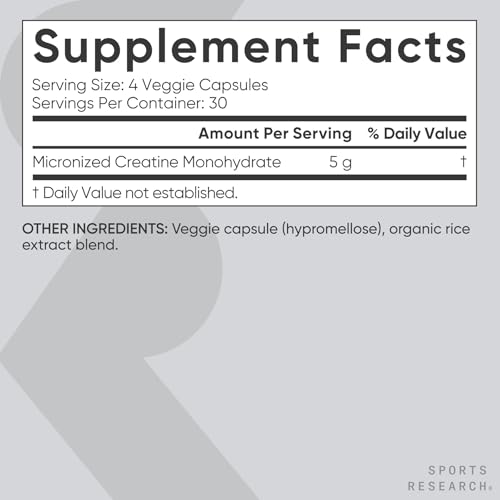 Sports Research® Creatine Monohydrate Capsules - Supports Workout Recovery, Lean Muscle gain, Performance and Strength* - Non-GMO, Vegan Certified - 5g per Servings - 30 Servings - Image 6