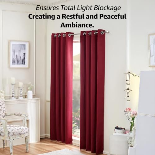 Image of amazon basics - Room Darkening Blackout Door Curtains, 100% Room Darkening | 7 Feet |Set of 2| Plain Design | for Living Room and Bedroom | 115cmx210cm, Color- Maroon