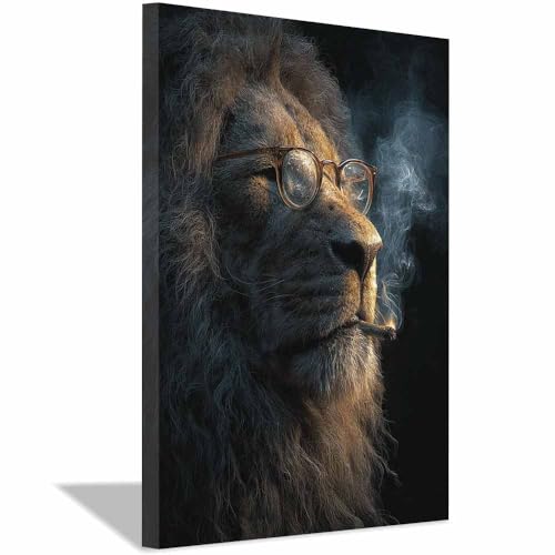 Tableau sur toile lions au miroir fumant affiche murale salon chambre cadre marron