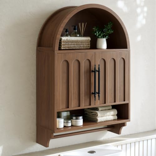 Evermagin Bathroom Arched Wall Cabinet with Adjustable Shelf & Towel Bar