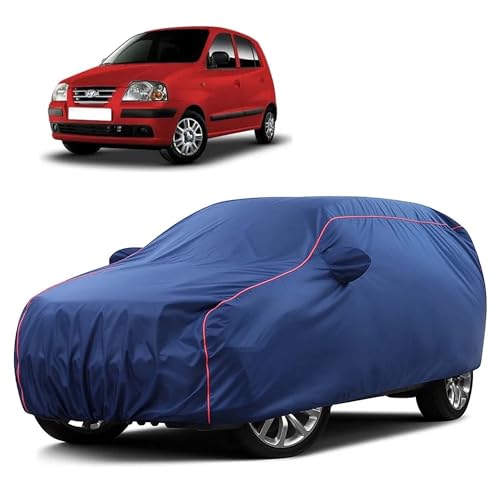 Image of Sulfar 100% Water Resistant Car Body Cover Compatible with Mirror for Hyundai Santro Xing (Triple Stitched, Full Bottom Elastic, Blue Taffeta with Red Piping)