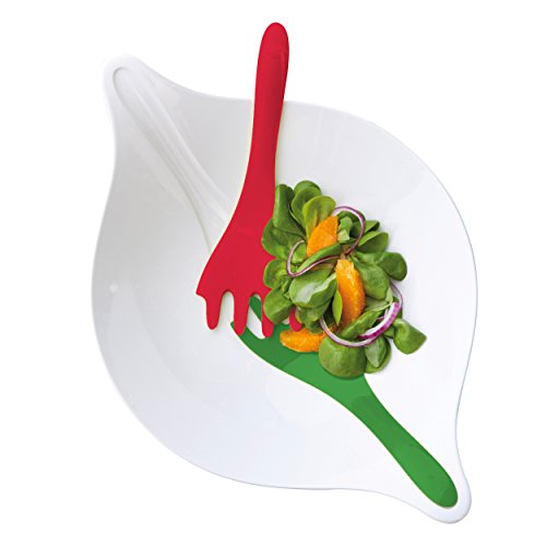 Koziol Leaf L +, Saladier avec couverts, Bol, Saladier, Bol à Salade, 3 l, blanc avec rouge/vert, 3692820