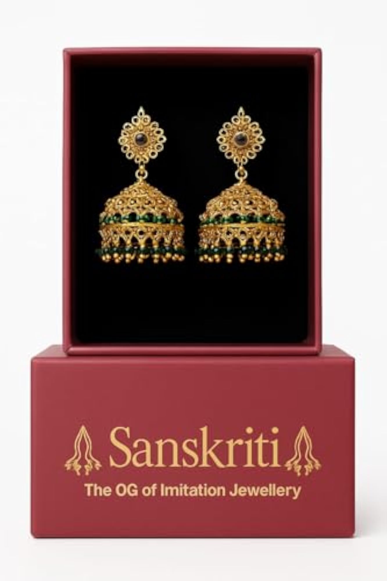 Traditional Gold-Plated Jhumka Earrings with Green Beads