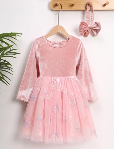 IBTOM CASTLE Toddlers Girls Velvet Dress Floral Embroidery Tulle Dress with Bowknot Headband Fall Winter4