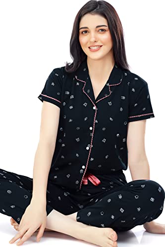 Image of ZEYO Women's Cotton Printed Korean Night Suit Set of Shirt & Pajama Set (Available in Plus Size)