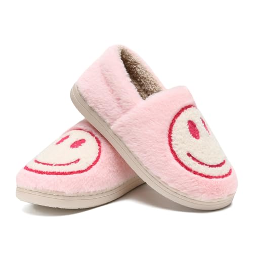Smile Face Slippers,Retro Soft Plush Smile Fleece Lined House Shoes for Women Fuzzy Memory Foam Closed Back Slippers Anti Skid TPR Soft Sole