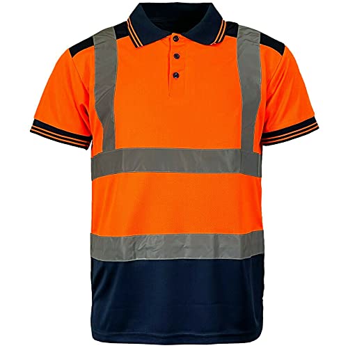 MyShoeStore Hi Viz Vis High Visibility Polo Shirt Reflective Tape Safety Security Work Button T-Shirt Breathable Lightweight Double Tape Workwear Top (Orange/Navy Short Sleeve, L)