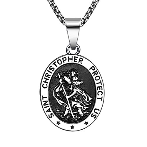 BBBGEM Oval Saint Christopher Stainless Steel Necklace Pewter Travel Pendant St. Christopher Protect Us Medal Patron Saint for Travelers,Traval Gift