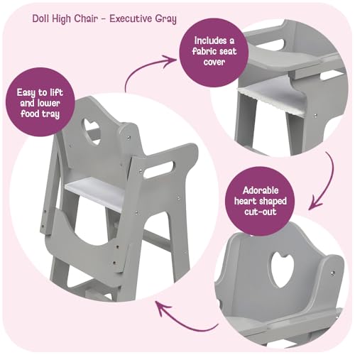 Badger Basket Executive Doll High Chair - Wooden Toy Chair with Liftable Tray, Fabric Seat Trim, and Realistic Design - Fits 18 Inch Dolls and More - Gray and White