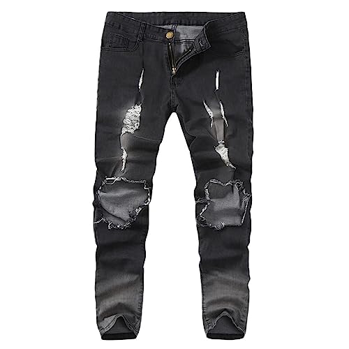 Ripped Denim Pants for Men Slim Fit Distressed Destroyed Jean High Waist Washed Vintage Classic Skinny Jean Streetwear