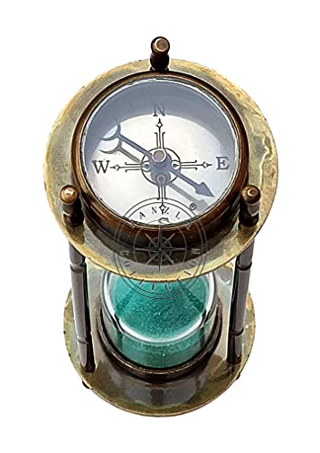 Hanzla Collection Marine Antique Brass Compass Hourglass Nautical Maritime Sand Timer & Desk Clock #TOP5