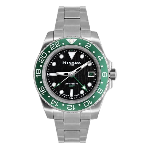 NIVADA SWISS Abyss Master Reloj para Hombre Extensible de Acero Carátula Negra Indicadores Índices Fechador a las Tres Bisel Verde GMT Caja 40MM