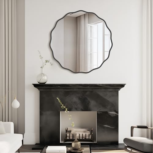 Image of WallBeyond Round Wavy Mirror for Wall Decorative 32 inch, Modern Round Mirror Aluminum Frame for Bathroom Bedroom Living Room Home House Office Entryway, Black
