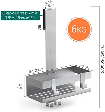 Emibele Shower Caddy Stainless Steel Hanging Glass Shower Shelf with Hooks, No Drilling Shower Basket Lotion Towel Holder for Bath Glass Door, Silver