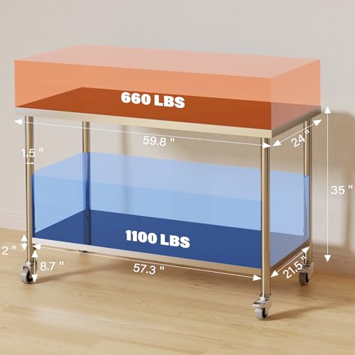 Stainless Steel Table, 60" x 24" Prep Workstation, 1000 LBS, NSF Commercial Work Table with Adjustable Undershelf and Lockable Casters, for Restaurant, Home, Kitchen, Hotel, Outdoor by GAOMON - Image 2