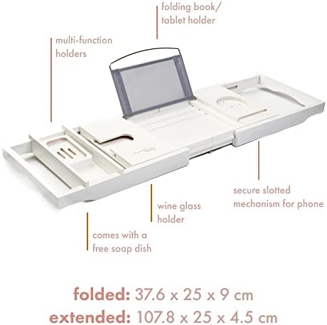 Tranquil Beauty Premium Bath Caddy | Natural Sustainable Bamboo Bath Tray | Bath Board With iPad, Tablet and Phone Stand | Extendable Wooden Tray Bath Rack | Adjustable Bath Tray With Wine Holder