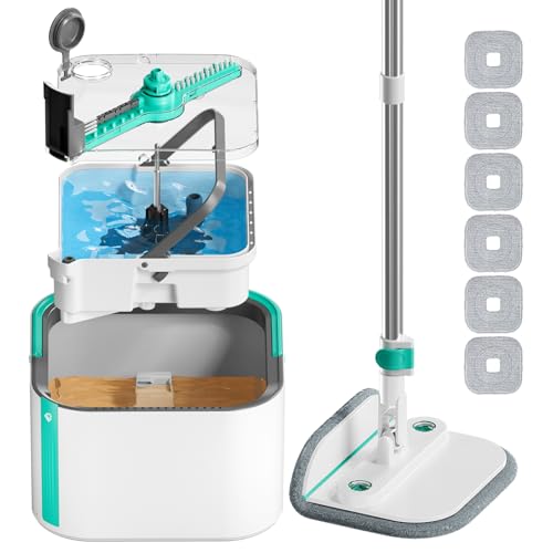 Upgraded Spin Mop and Bucket System Set, Self Separate Clean and Dirty Water, Foldable Square Standing Mop Head with Microfiber Mop Pads, Detachable Bucket (White+Blue, Mop Set with 6PC Pads)