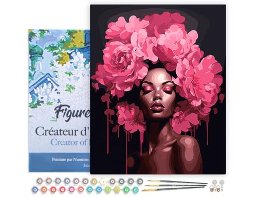 Figured'Art Peinture par Numéro Adulte avec Cadre Femme aux cheveux de pivoines - Activité Manuelle Kit de Loisir Créatif DIY Numéro d'Art Complet - 40x50cm toile tendue sur châssis