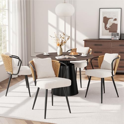 Daluvenix Rattan Dining Chairs Set of 4, Modern Upholstered Kitchen Chair with Metal Legs, Ergonomic Curved Backrest, Mid Century Living Room Lounge with & Throw Pillow, Natural