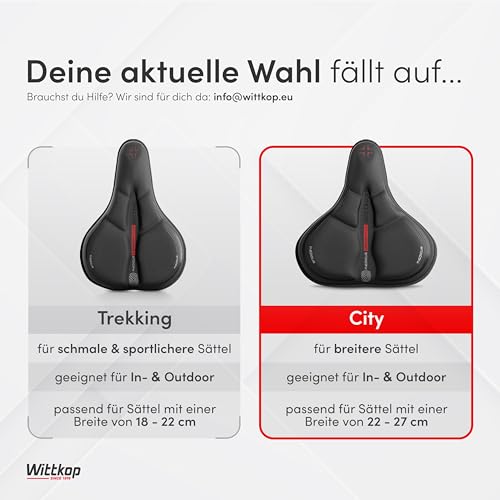 WITTKOP Fahrradsitzkissen mit Gelkissen & Memory-Schaum I Ergonomischer Fahrradsitzbezug für Damen und Herren mit 3-Zonen-Konzept I Bequemer Fahrradsattelbezug für Peloton & Fahrradsitz