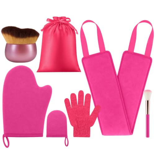 Image of 6pcs Self Tanning Mitt Applicator Kit Including Self Tanning Mitt and Brush, Body Brush, Back Applicator, Mini Facial Glove, Facial Tool, Exfoliating Glove (Rose Red)