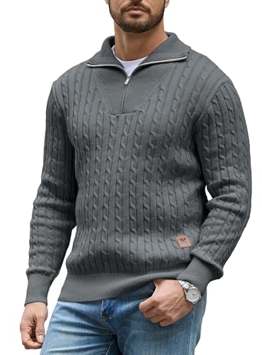 Zaitun Mens Jumper Quarter Zip Cable Knit Pullover Sweater Long Sleeve Half Zip Jumper V-Neck Casual Winter Knitwear Soft Knitted Top Dark Grey