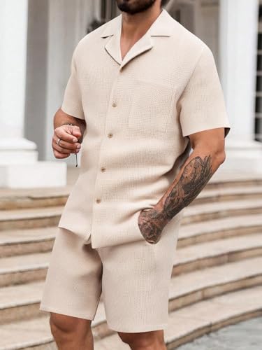 OYOANGLE Conjunto masculino de 2 peças texturizado, manga curta, camisa de botão e shorts com cordão