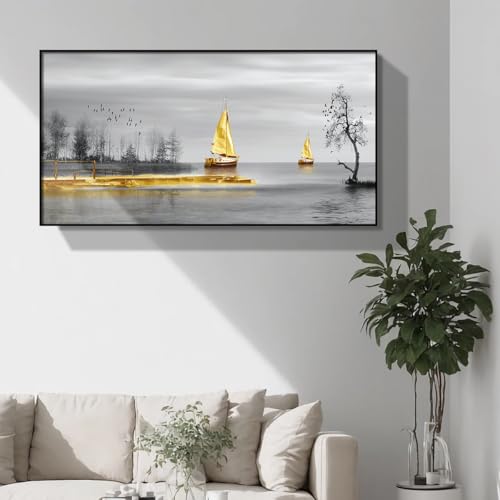 YOOSART Neutral Toned Nautical Sailboat 2D Canvas Wall Art - Sleek Aluminum Frame Coastal Gold Accent Decor for Living Room Bedroom(80cmx146cm/31.52" LX57.52 W) by YOOSART - Used condition - Image 7